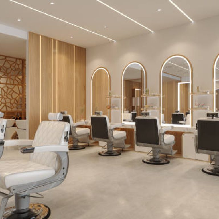 Luxury Hairdressing And Beauty Salon Interior With Chairs, Mirrors And Spotlights